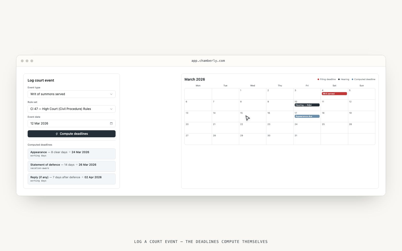 Walkthrough: logging a court event and watching Ghana court-rule deadlines compute onto the calendar