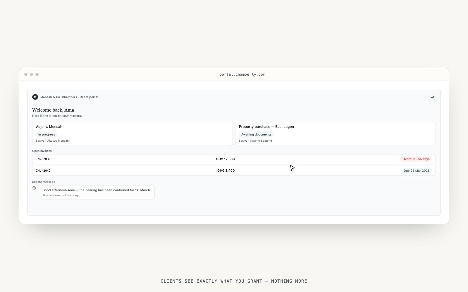 Walkthrough: a client's view of the secure portal — granted matters, invoices, and messages